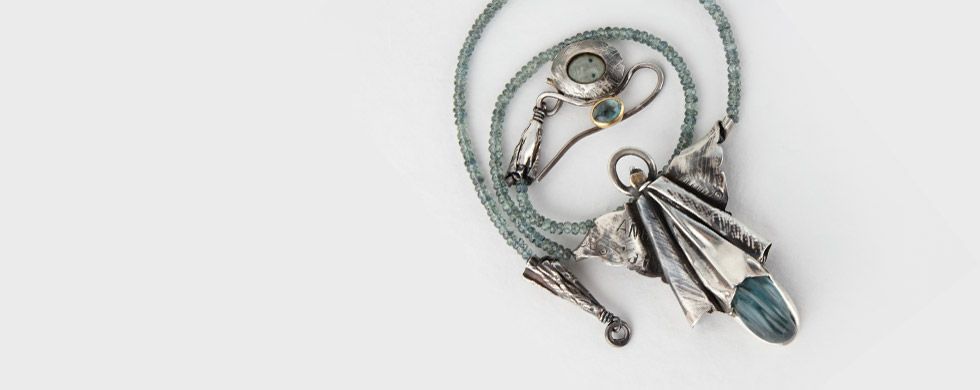 Mediterranea - Neckpiece, aquamarine, silver, gold and porcelain. Mediterranea - Neckpiece, aquamarine, silver, gold and porcelain.